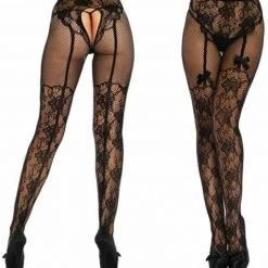 Tomfoolery Leg Avenue Black Fleur De Lace Garter Illusion Crotchless Fishnet Stockings