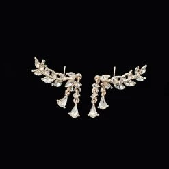 Unbranded Fashion Women Gold Silver Leaves Tassel Ear Stud Crystal Zircon Earrings Jewell Fashion Jewelry