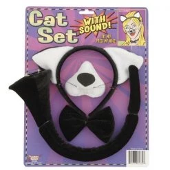 Tomfoolery Costume Accessories Black Cat Animal 4Pce Costume Set With Sound Effects Headband Tail Bow Tie Nose