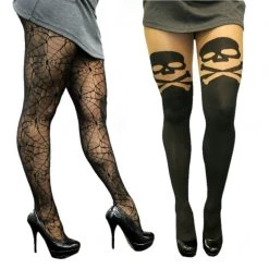 Sweidas Black Faux Skull Spider Web Tights Thigh High Halloween Ladies Stockings