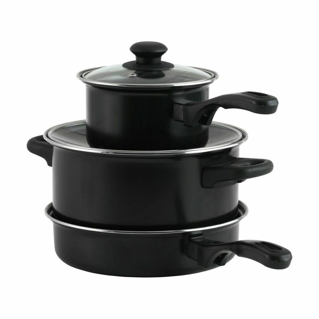 Kmart Home & Garden 3 Piece Non-stick Cookware Set 3 X Saucepan Pots Pans Set With Glass Lids Black 2 Kmart Home & Garden 3 Piece Non-stick Cookware Set 3 X Saucepan Pots Pans Set With Glass Lids Black