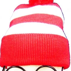 Aussie Toys Red White Stripe Wheres Waldo Beanie Hat Scarf & Glasses Costume | Adults Kids Costume Accessories