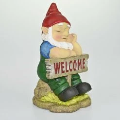 MALMAR 23cm SLEEPY GNOME WELCOME SIGN Ornaments Statues Figurine Garden Decoration Gift