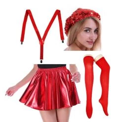 JD Party Red Christmas Outfit Metallic Skirt Beret Hat Teens Ladies Costume Kit