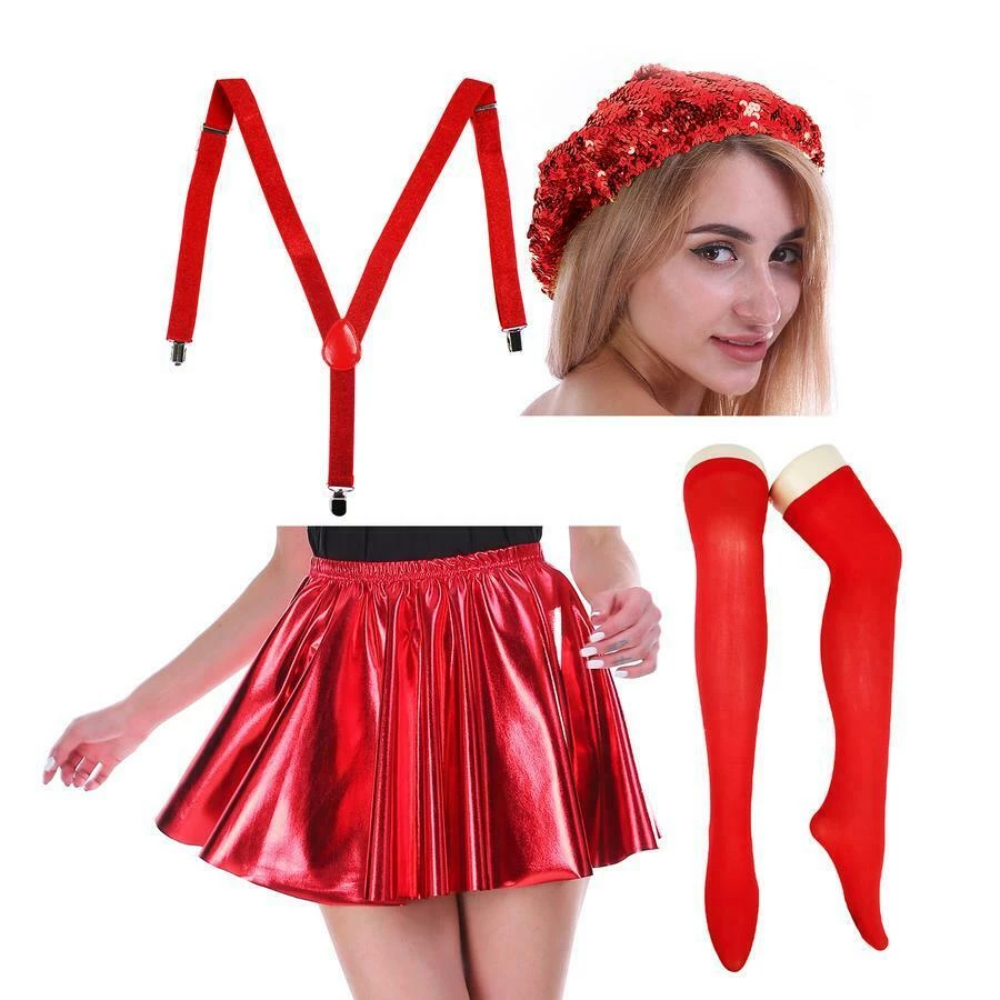 JD Party Red Christmas Outfit Metallic Skirt Beret Hat Teens Ladies Costume Kit 1 JD Party Red Christmas Outfit Metallic Skirt Beret Hat Teens Ladies Costume Kit