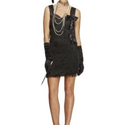 Smiffy's Costumes 1920s Foxy Flapper Dress Black Charleston Roaring 20s Ladies Costume Gloves Head