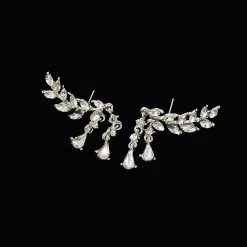 Unbranded Fashion Women Gold Silver Leaves Tassel Ear Stud Crystal Zircon Earrings Jewell Fashion Jewelry
