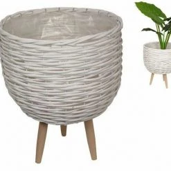 MAL White Wicker Plant Holder On Stand Indoor Outdoor For Articificial Real Planter Home & Garden
