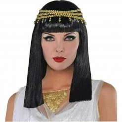 Amscan Wigs Egyptian Roman Cleopatra Wig With Gold Sequin Headband Ladies Costume Wig
