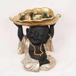MALMAR Home & Garden Happy Buddha With Leaf Trinket Bowl Tray Black Pale Gold Monk Figurine Ornament
