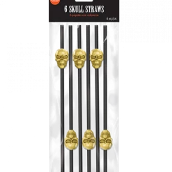 Balloon Agencies Halloween Props/Decoration Black And Metallic Gold Skull Straws Pack Of 6 Halloween Party Supplies