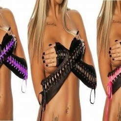 Unbranded Costume Accessories 80s Fingerless Gothic Dominatrixs Satin Corset Lace Up Gloves Black Pink Purple