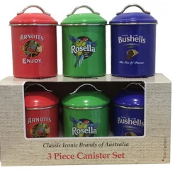 Set Of Three Australian Heritage Icons Canisters Arnotts Bushells Rosella MULTI