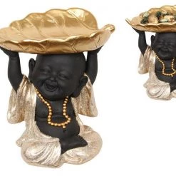 MALMAR Home & Garden Happy Buddha With Leaf Trinket Bowl Tray Black Pale Gold Monk Figurine Ornament