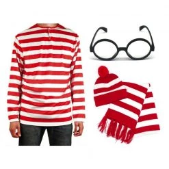 JD Party Costumes Where's Wally Costume Dress Up Book Week Red White Stripe Swans French Mystery