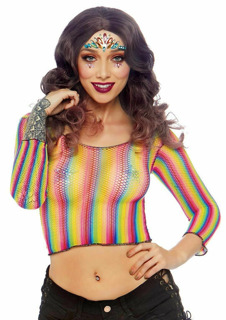 Tom Foolery Leg Avenue 81600 Rainbow Fishnet Mesh Crop Top Festival Rave Pride Mardi Gras