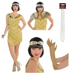 Balloon Agencies 1920s Champagne Gold Flapper Dress Gloves Capelet Headband Necklace Ladies Costume Costumes