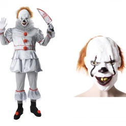JD Party ADULT Mens IT Costume Evil Clown Pennywise Mask Halloween Jester Haunted Set