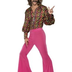 Smiffy's 1960s Hippie Suit Peace Symbol Shirt & Flared Neon Pink Trousers Mens Costume Costumes