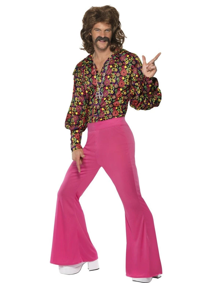 Smiffy's 1960s Hippie Suit Peace Symbol Shirt & Flared Neon Pink Trousers Mens Costume Costumes 1 Smiffy's 1960s Hippie Suit Peace Symbol Shirt & Flared Neon Pink Trousers Mens Costume Costumes