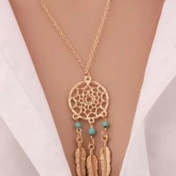 AliExpress Fashion Jewelry Dream Catcher Necklace Leaves Feather Turquoise Pendant GOLD Or SILVER