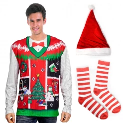 JD Party Christmas Adult Costumes Christmas Ugly Sweater Red Green Mens Costume Kit