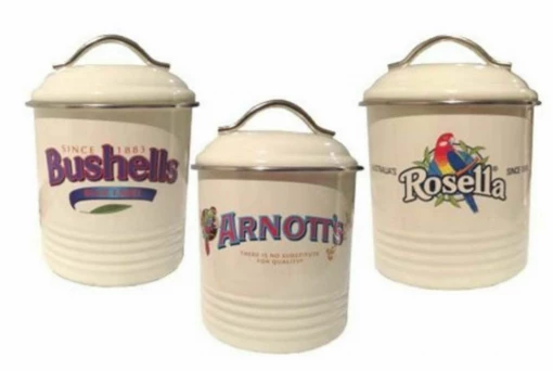 Home & Garden Set Of Three Australian Heritage Icons Canisters Arnotts Bushells Rosella CREAM