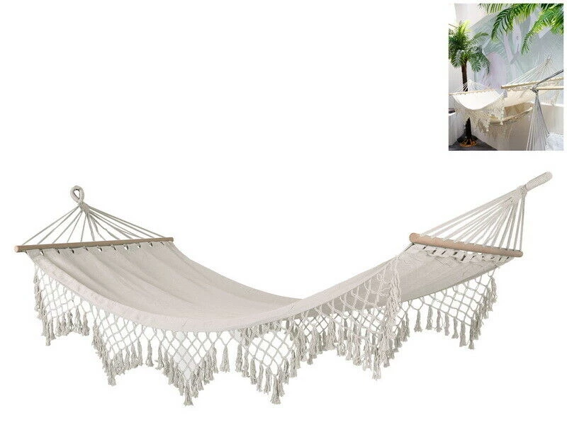 MALMAR Home & Garden New 2m X 1m White Hammock With End To End Wooden Rods And Macrame Fringe Weight 1 MALMAR Home & Garden New 2m X 1m White Hammock With End To End Wooden Rods And Macrame Fringe Weight