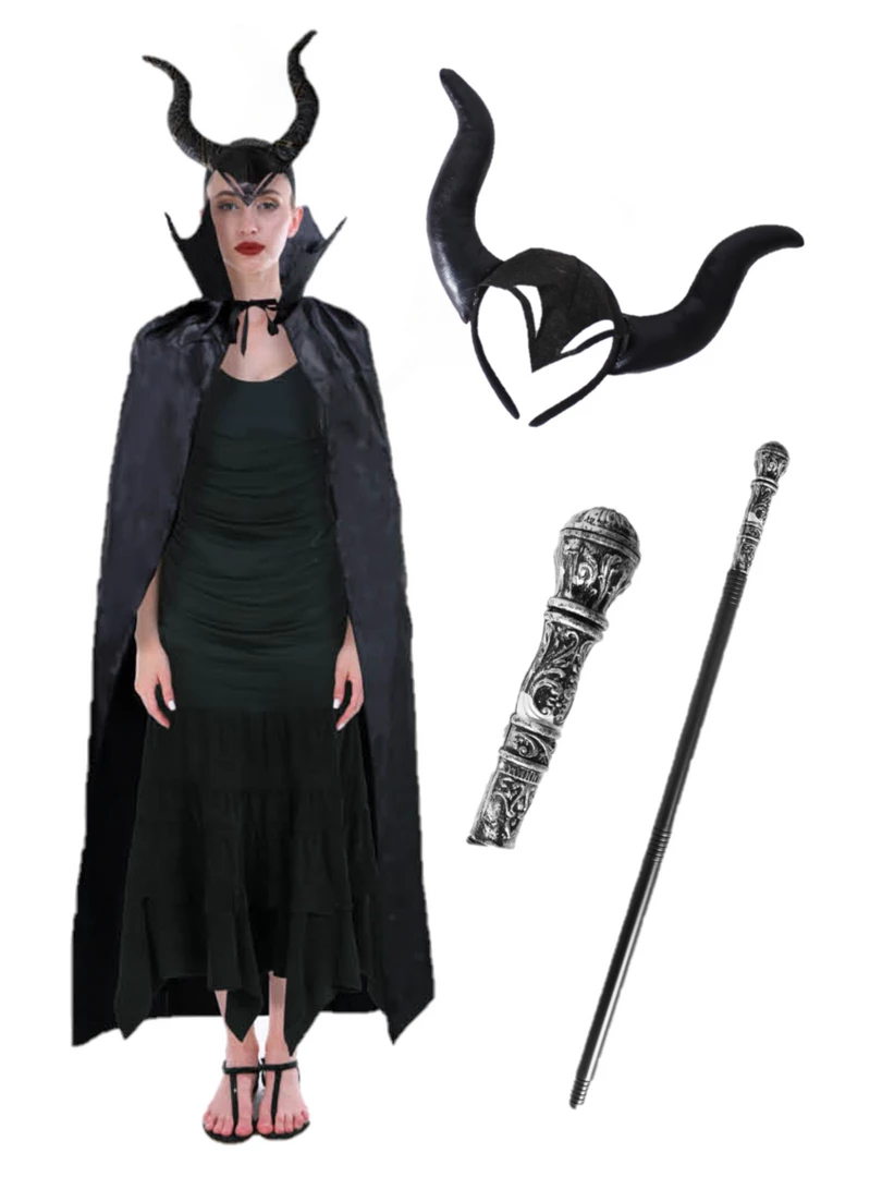 JD Adult Womens Maleficent Mistress Of Evil Queen Headpiece Halloween Black Cape 4 JD Adult Womens Maleficent Mistress Of Evil Queen Headpiece Halloween Black Cape