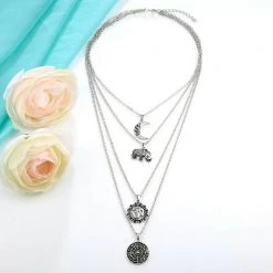 Unbranded Bohemian Multilayer Chain Punk Elephant Moon Shell Pendants Ladies Necklace Fashion Jewelry