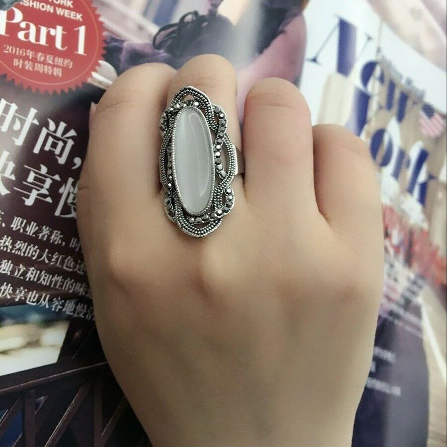 Unbranded Bohemian Style White Opal Big Oval Silver Plated Mosaic Gray Crystal Ladies Ring 2 Unbranded Bohemian Style White Opal Big Oval Silver Plated Mosaic Gray Crystal Ladies Ring