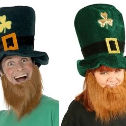 Unbranded St Patricks Day Irish Green Leprechaun Top Hat With Ginger Beard Costume Access