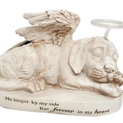 MALMAR Home & Garden Pet Memorial Sleeping Dog Gravestone Statue Solar Halo & Remembrance Plaque Ange