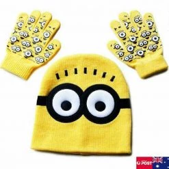 Unbranded Despicable Me Minions Beanie Hat & Gloves 3D Knitted Winter Yellow Set Kids Boys