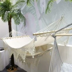 MALMAR Home & Garden New 2m X 1m White Hammock With End To End Wooden Rods And Macrame Fringe Weight 5 MALMAR Home & Garden New 2m X 1m White Hammock With End To End Wooden Rods And Macrame Fringe Weight