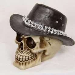 MAL New 1pce 15cm Cowboy Skull With Studded Hat Resin Décor Halloween Ornament