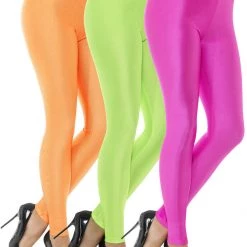 Smiffy's 80s Disco Spandex Leggings Ladies Costume Fluoro Neon Pink Green Orange Costume Accessories