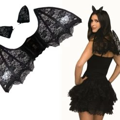Sweidas Black Sexy Bat Girl Wings And Horn Set Halloween Ladies Costume Accessory
