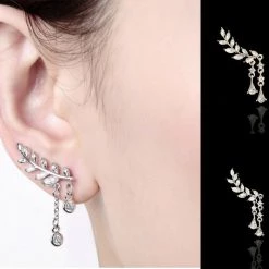 Unbranded Fashion Women Gold Silver Leaves Tassel Ear Stud Crystal Zircon Earrings Jewell Fashion Jewelry