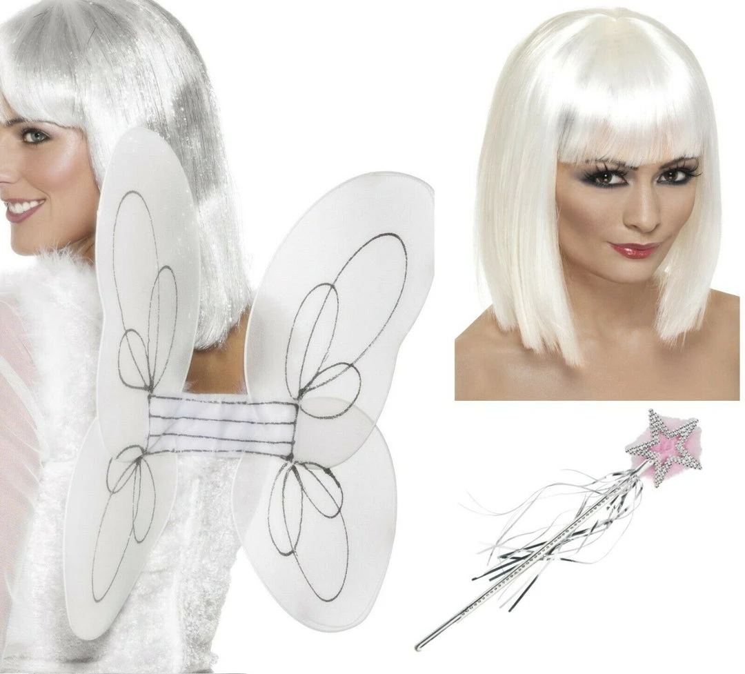 Smiffys White And Silver Angel Glitter Wings Wig And Wand Ladies Costume Accessory 1 Smiffys White And Silver Angel Glitter Wings Wig And Wand Ladies Costume Accessory