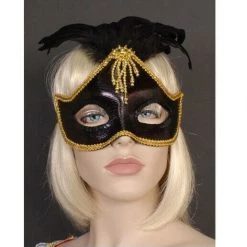 Interalia Costume Accessories Black Masquerade Mask W/ Gold Beads And Feathers