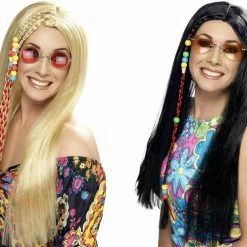 Smiffys Hippy Wig Blonde Black Long Coloured Beads Ladies Mens 60s 70s Hippie Wigs