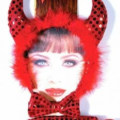 Spooky Hollow Red Sequin DevilHorns On Headband Bow Tie & Tail Ladies Halloween Costume Kit