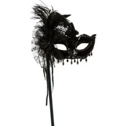 Balloon Agencies Black Magic Feather & Bead With Stick Ladies Masquerade Mask Costume Accessories
