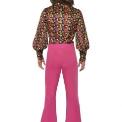 Smiffy's 1960s Hippie Suit Peace Symbol Shirt & Flared Neon Pink Trousers Mens Costume Costumes