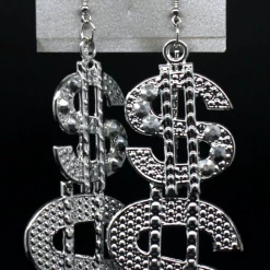 JD Party $ Sign Earrings Super Sexy Dollar Sign Drop Earrings.Silver 80s Pimp Costume