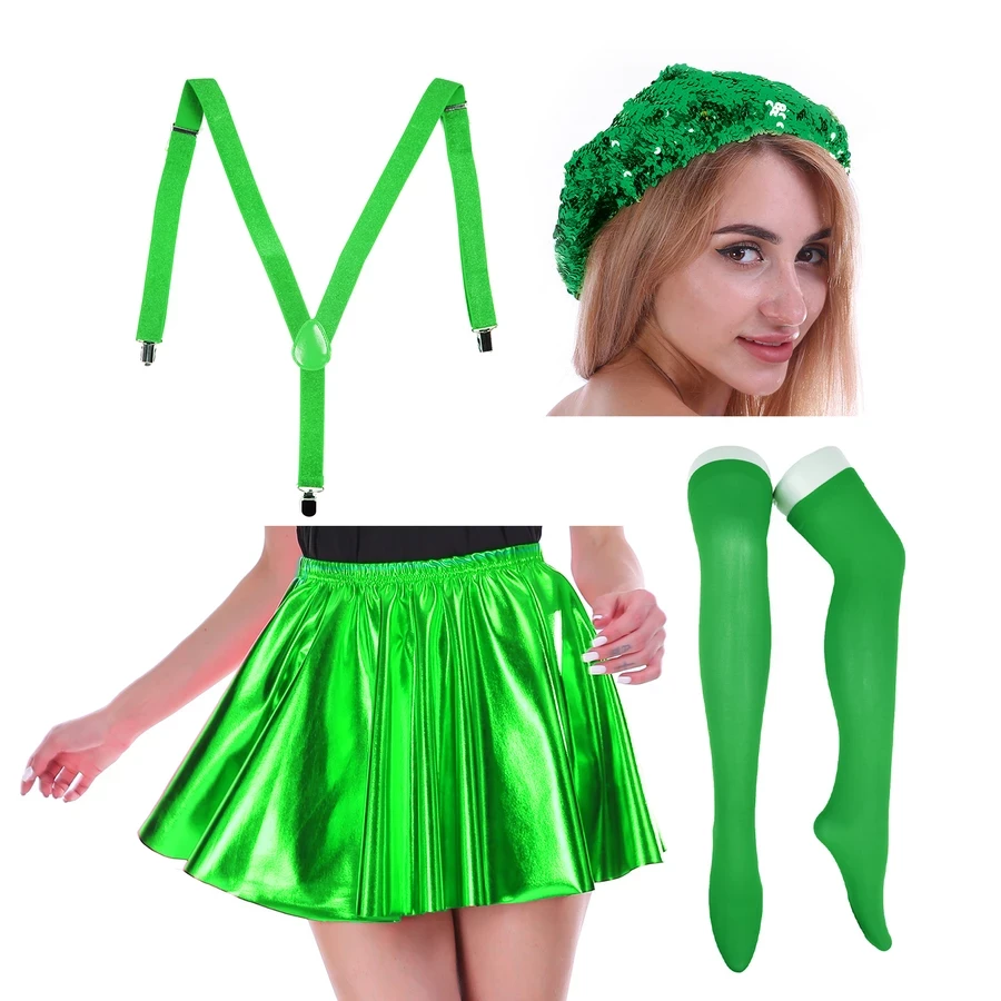 JD Party Christmas Adult Costumes Green Christmas Outfit Metallic Skirt Beret Hat Teens Ladies Costume Kit 1 JD Party Christmas Adult Costumes Green Christmas Outfit Metallic Skirt Beret Hat Teens Ladies Costume Kit