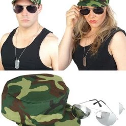 Tomfoolery Costume Accessories Army Military Set Camouflage Hat Cap Aviator Sunglasses & Dog Tags Costume Kit
