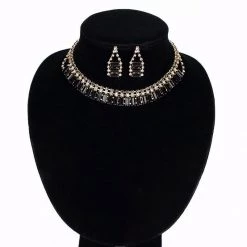 Unbranded Fashion Jewelry Gold Plated Black Crystal Chunky Statement Fashion Necklace And Earrings Set