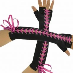 Unbranded Costume Accessories 80s Fingerless Gothic Dominatrixs Satin Corset Lace Up Gloves Black Pink Purple